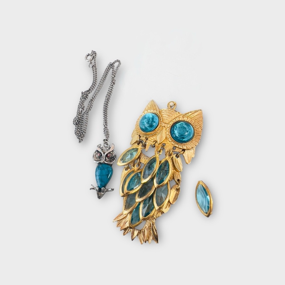 Lot Of 2 Vintage Owl Pendants Gold & Silver Tone Blue Lucite Turquoise Howlite - Picture 16 of 16